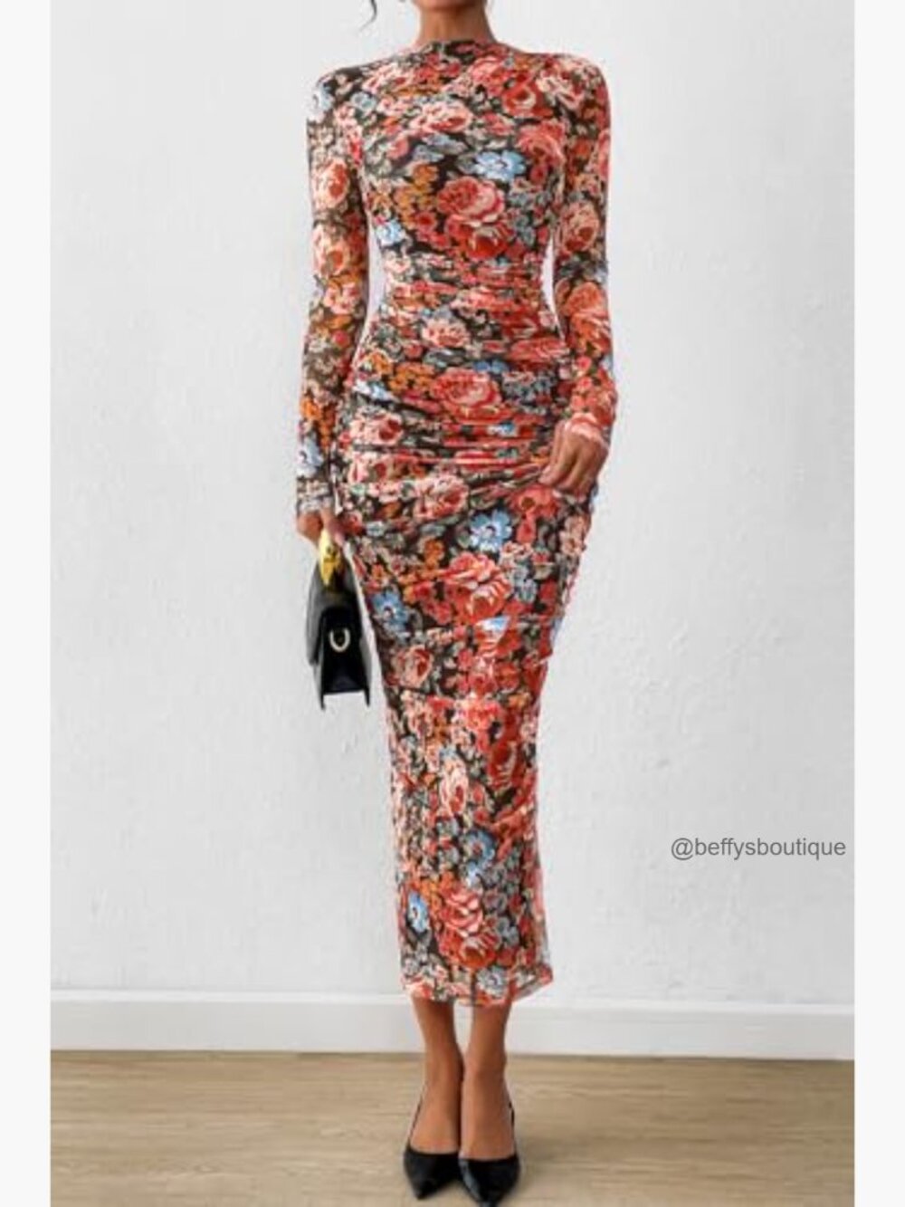Long Sleeve Maxi Dress Ruched Bodycon Mesh Formal Wedding Guest Cocktail - Picture 2 of 7